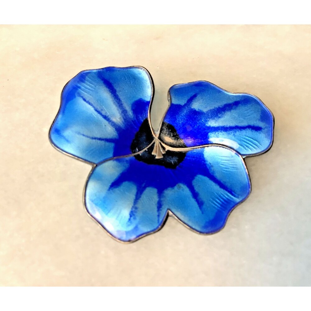 Sterling David Andersen Brooch 925 Silver Norway Blue Pansy Enamel MCM Pin